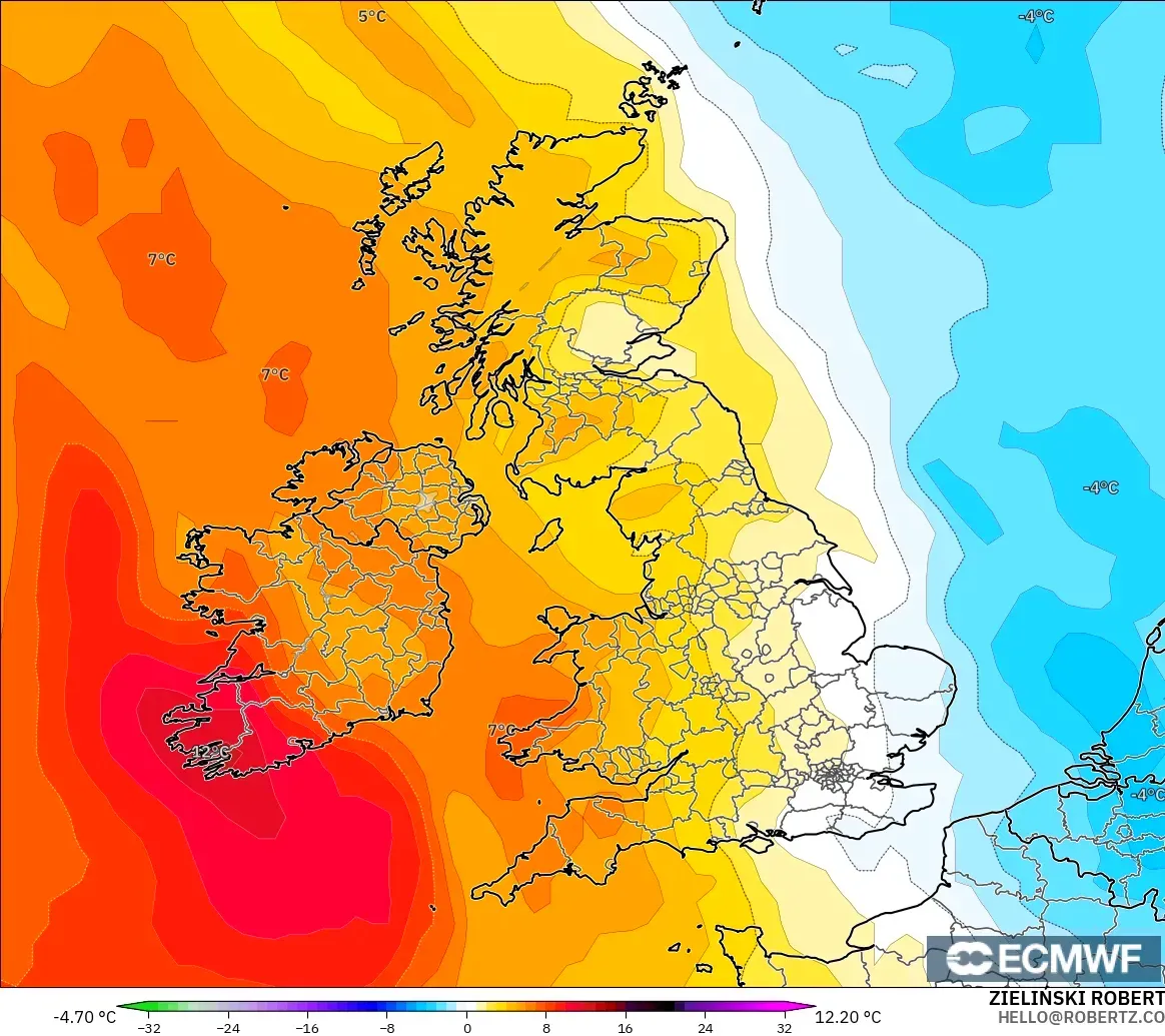 ECMWF IFS 0.25° model - United Kingdom, Temperature at 850hPa Anomaly