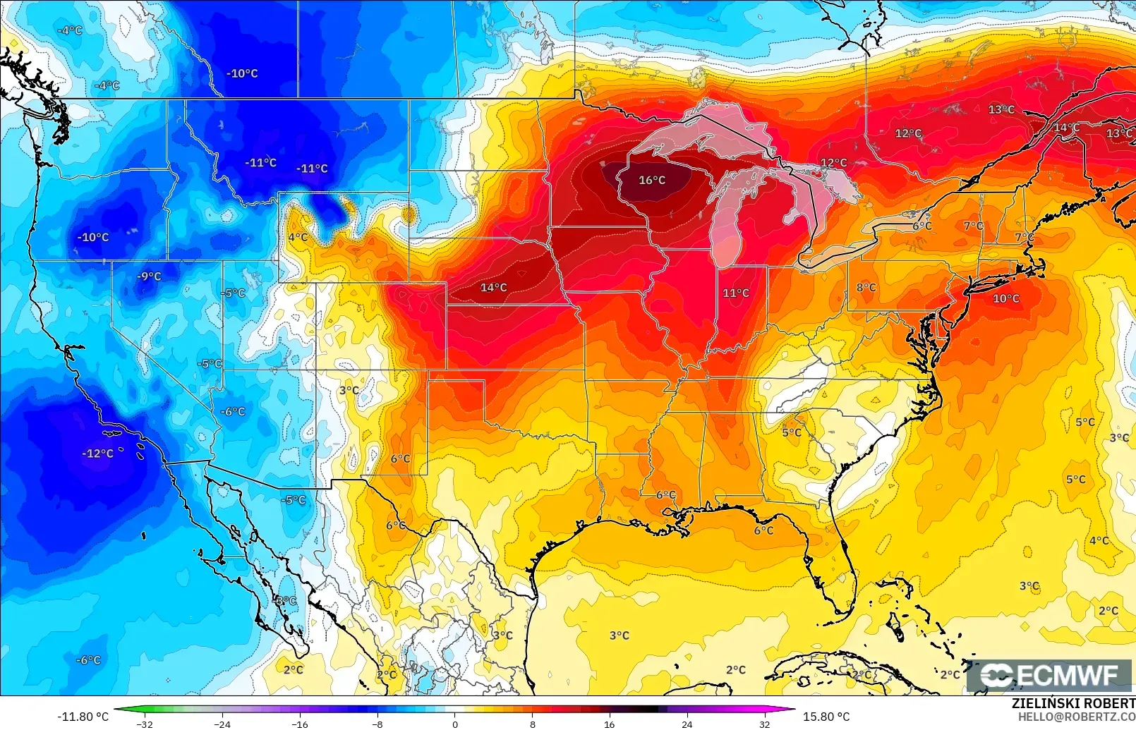 ECMWF IFS 0.25° model - United States, Temperature at 850hPa Anomaly