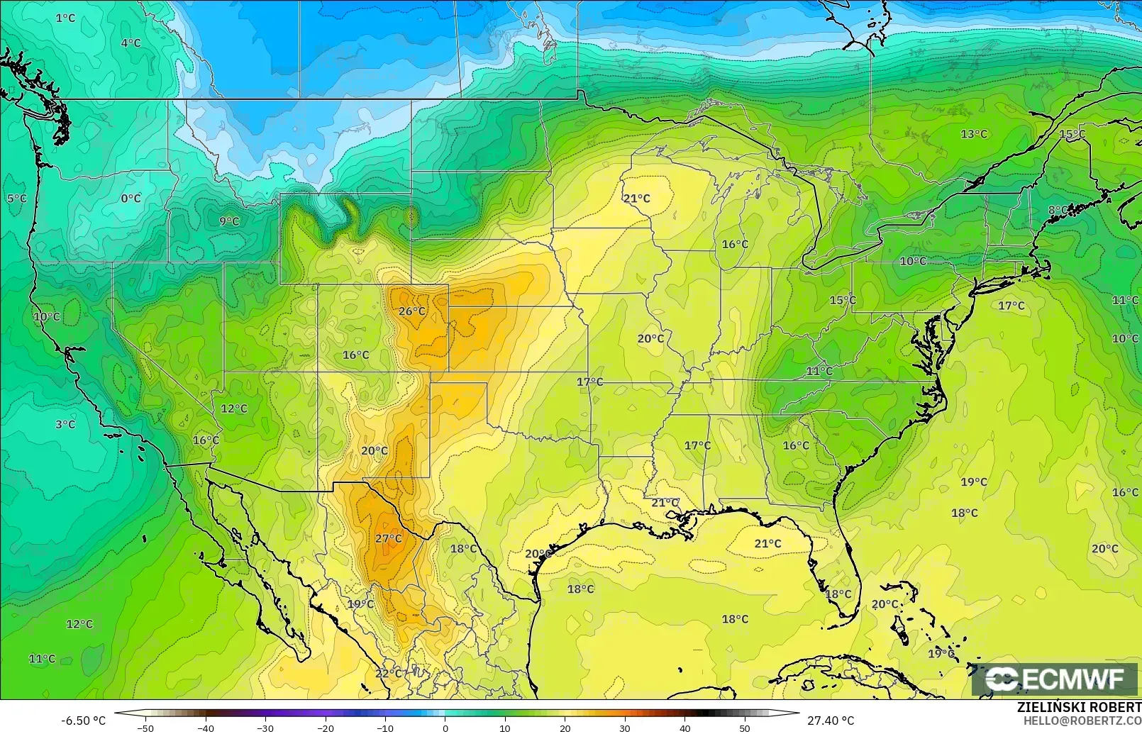 ECMWF IFS 0.25° model - United States, Temperature at 850hPa