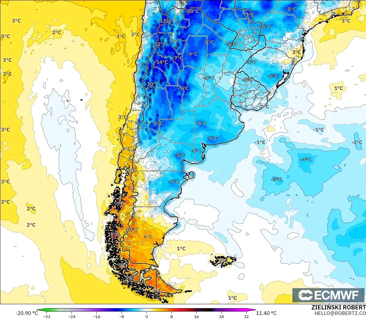 ECMWF IFS 0.25° model - Argentina, Temperature at 2m Anomaly