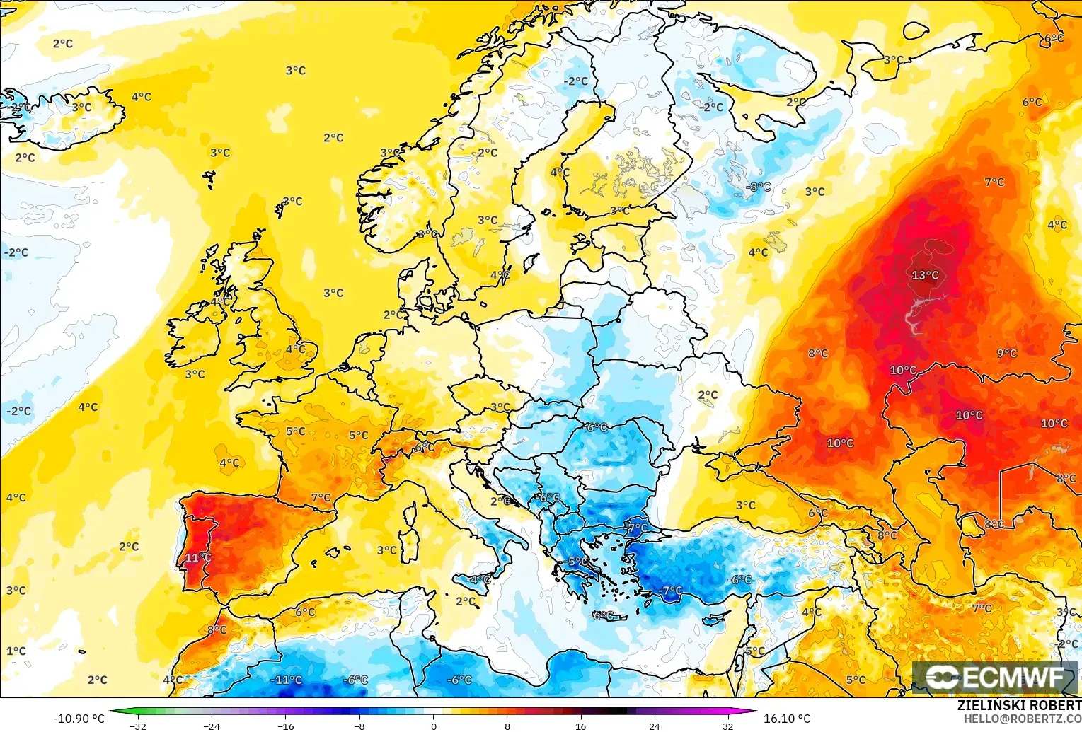ECMWF IFS 0.25° model - Europe, Temperature at 2m Anomaly