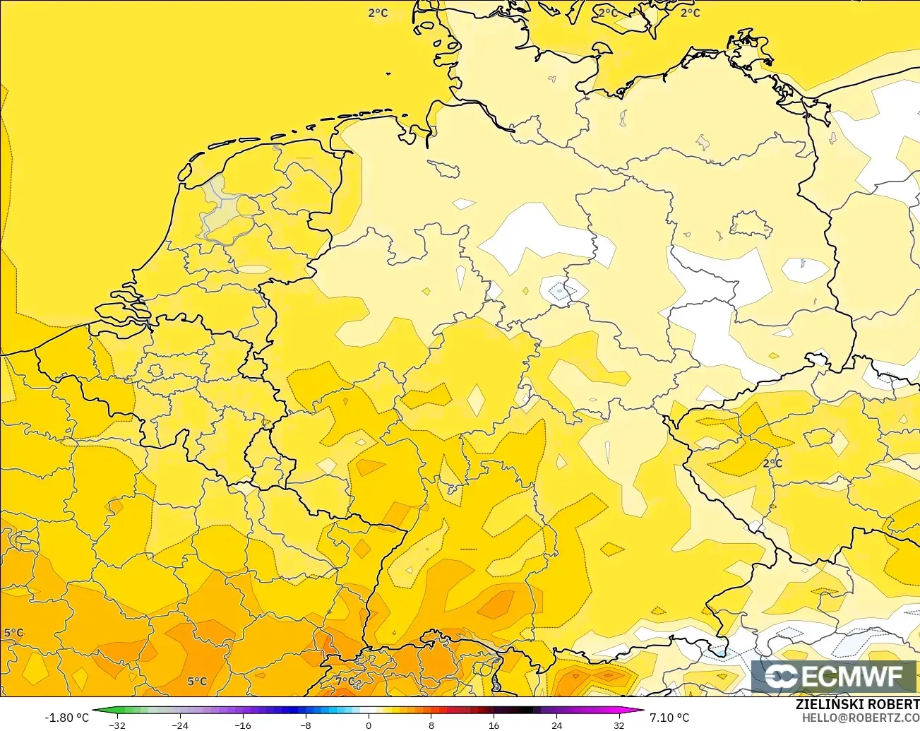 ECMWF IFS 0.25° model - Germany, Temperature at 2m Anomaly