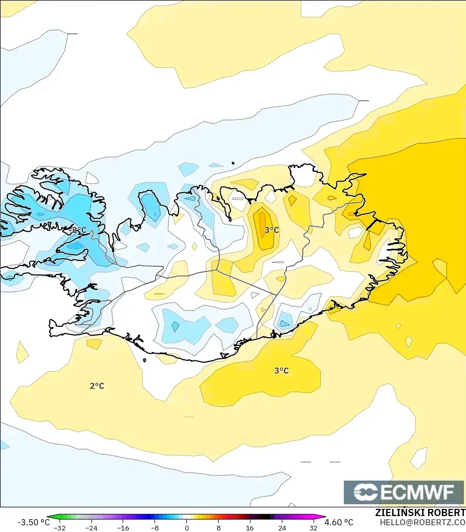 ECMWF IFS 0.25° model - Iceland, Temperature at 2m Anomaly
