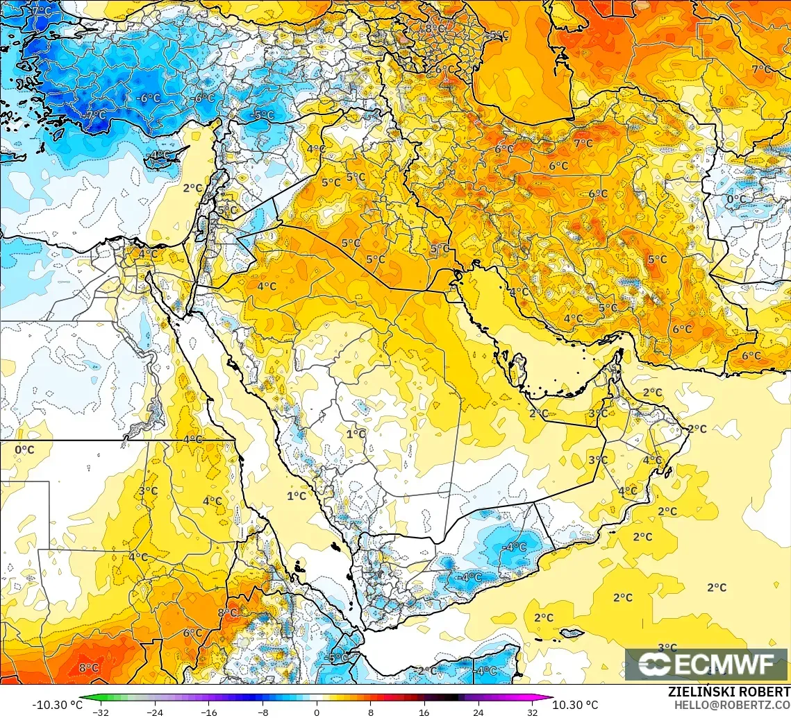 ECMWF IFS 0.25° model - Middle East, Temperature at 2m Anomaly