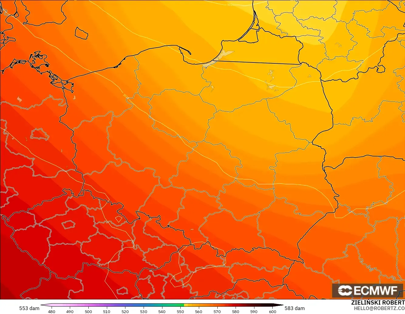 ECMWF IFS 0.25° model - Poland, Geopotential height at 500hPa