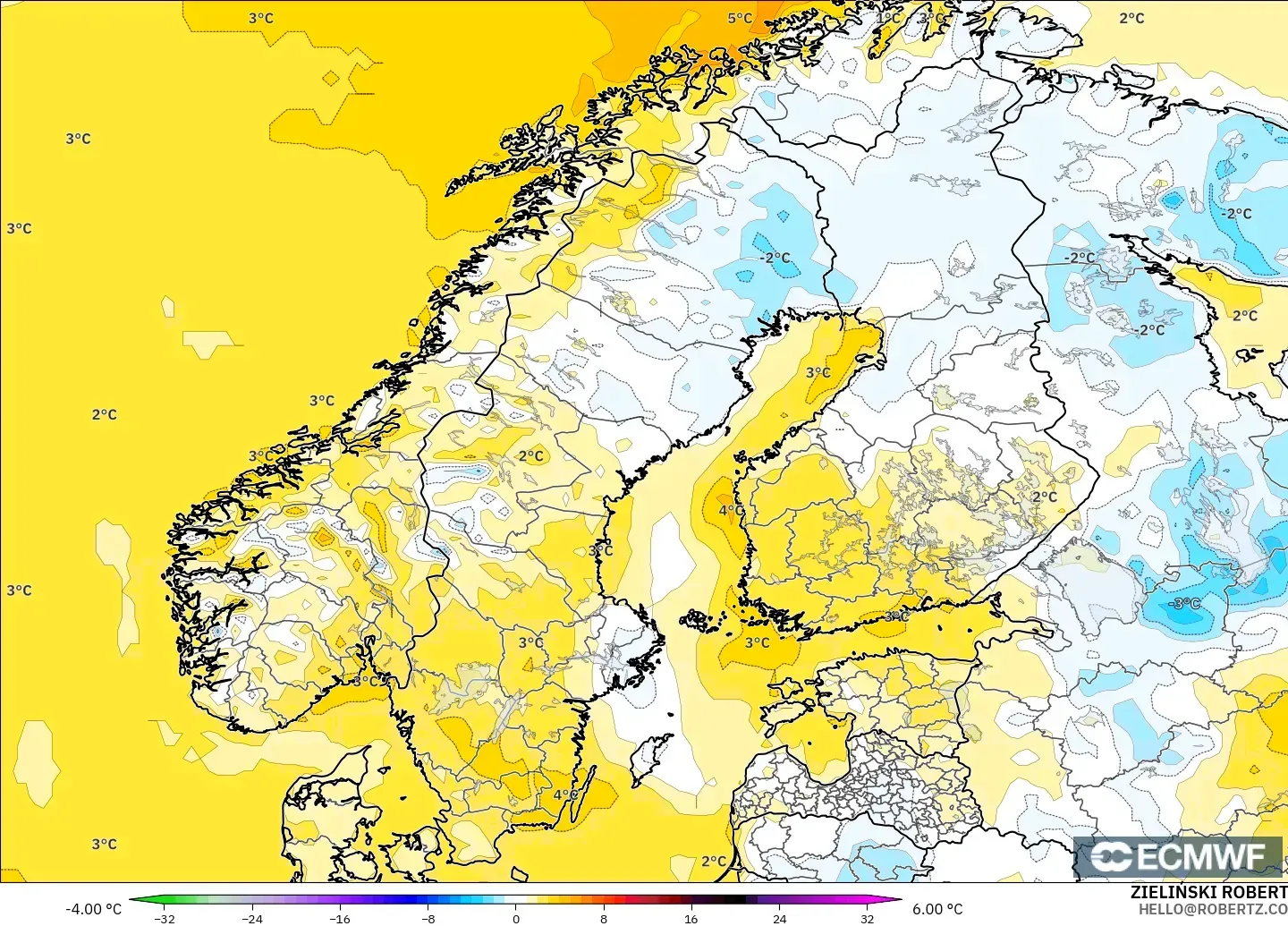 ECMWF IFS 0.25° model - Scandinavia, Temperature at 2m Anomaly