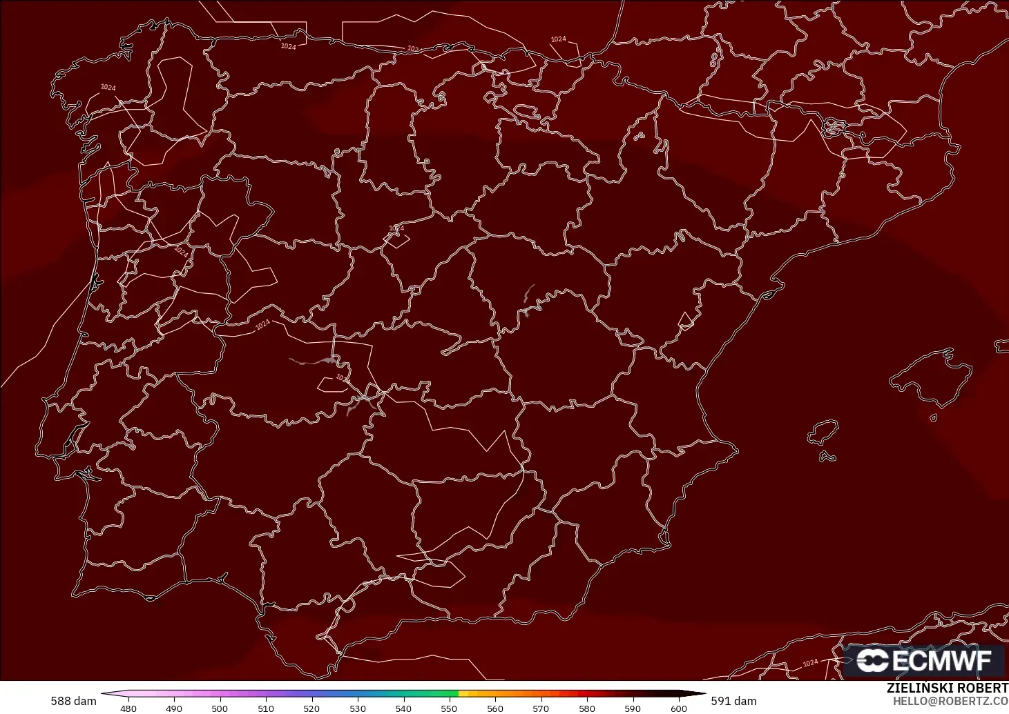ECMWF IFS 0.25° model - Spain, Geopotential height at 500hPa
