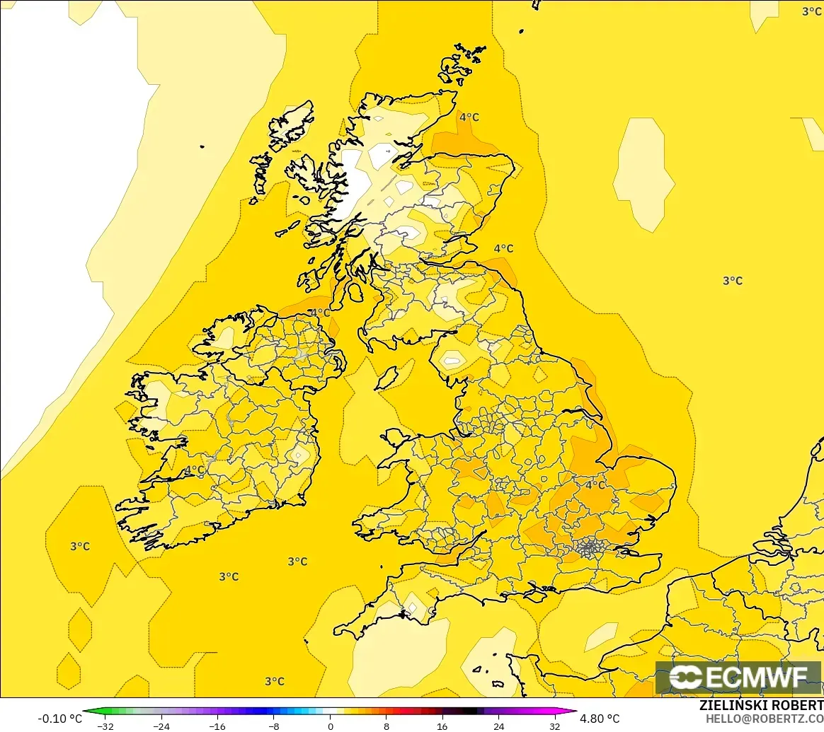 ECMWF IFS 0.25° model - United Kingdom, Temperature at 2m Anomaly