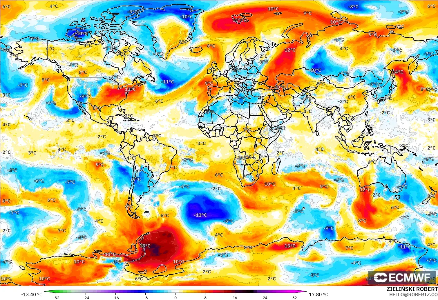 ECMWF IFS 0.25° model - World, Temperature at 850hPa Anomaly