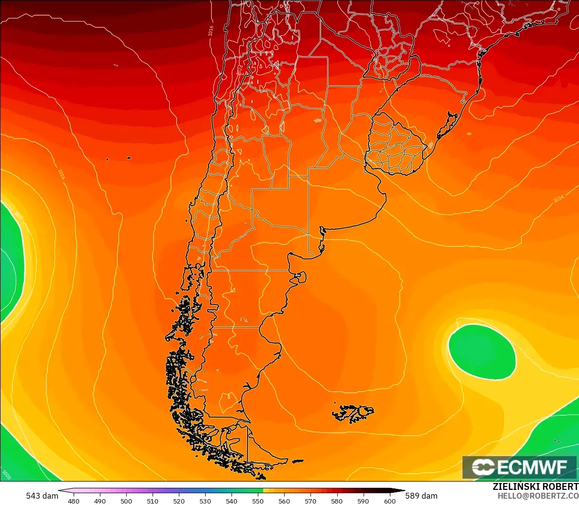 ECMWF IFS 0.25° model - Argentina, Geopotential height at 500hPa