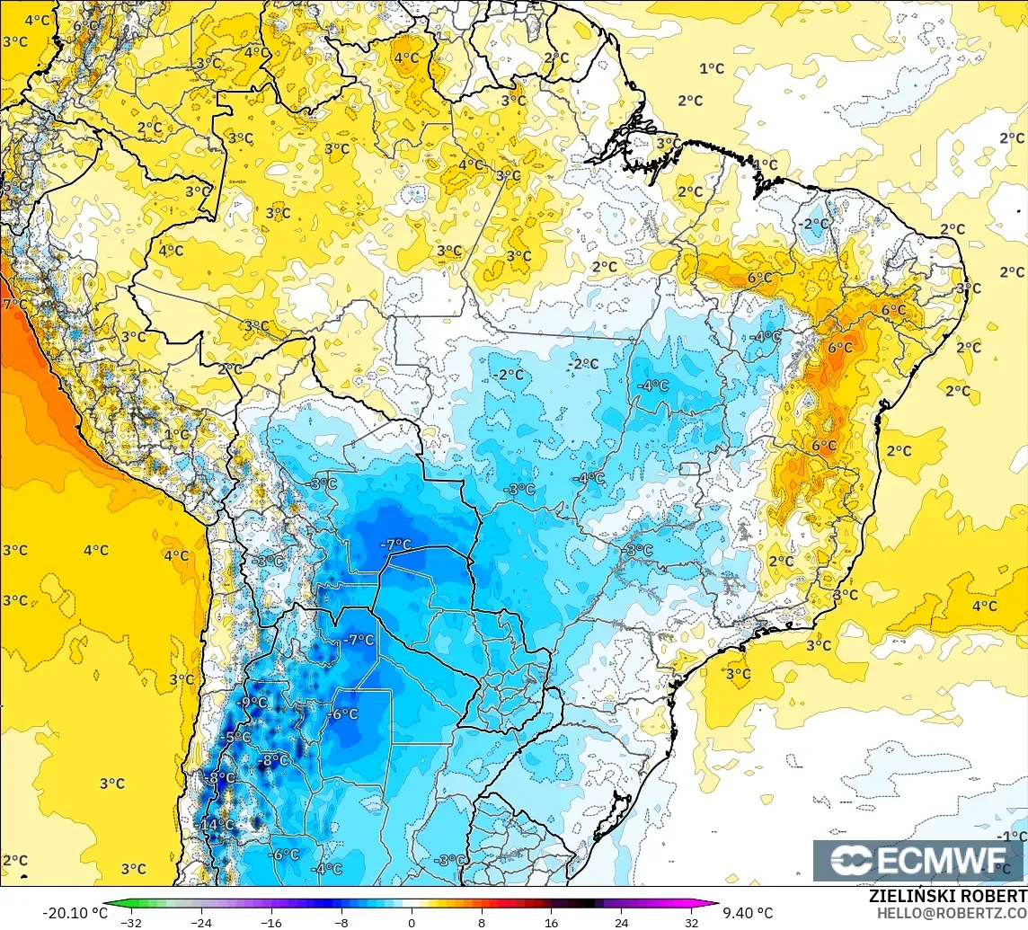 ECMWF IFS 0.25° model - Brazil, Temperature at 2m Anomaly