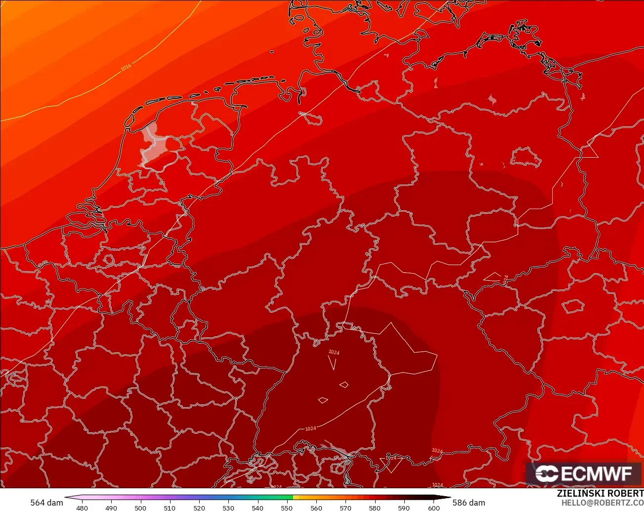 ECMWF IFS 0.25° model - Germany, Geopotential height at 500hPa