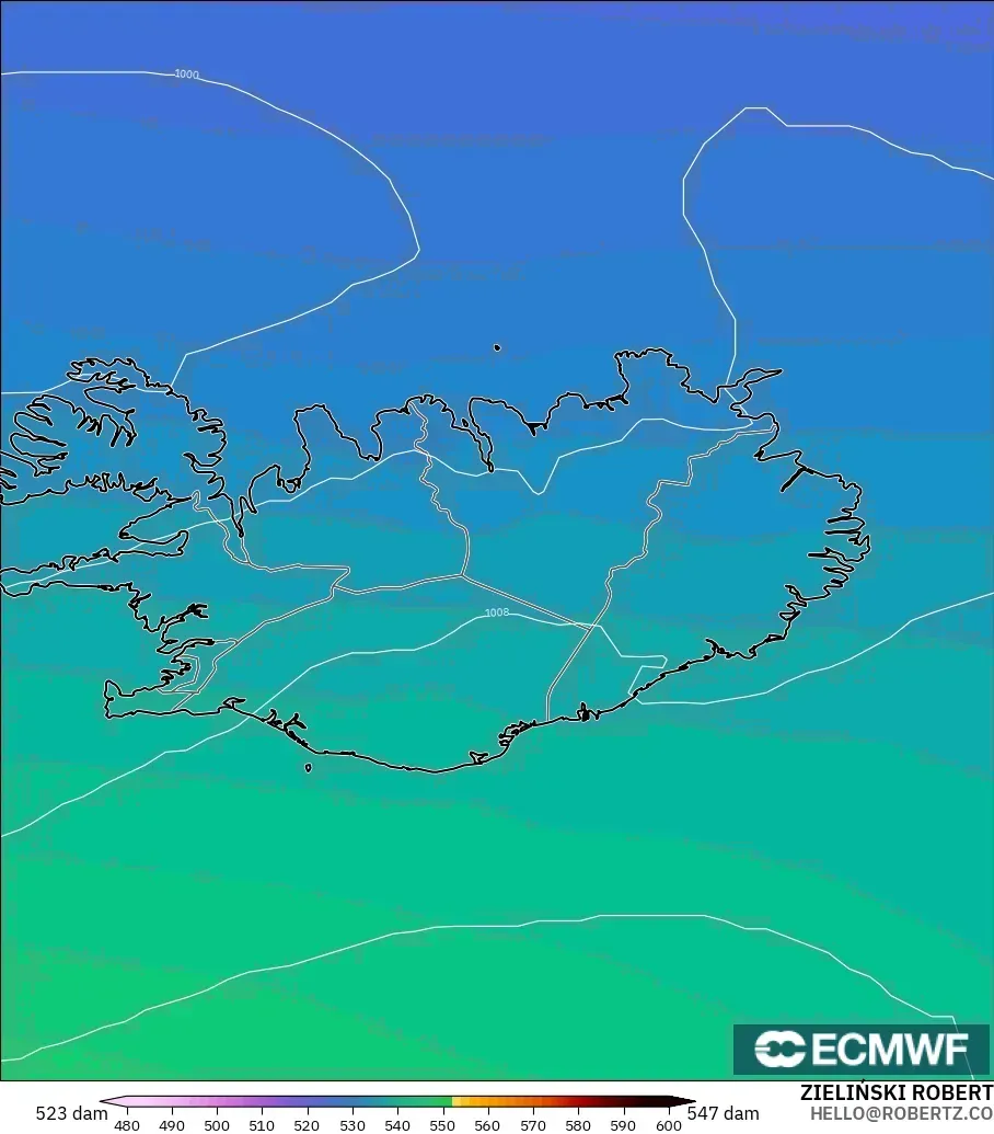 ECMWF IFS 0.25° model - Iceland, Geopotential height at 500hPa