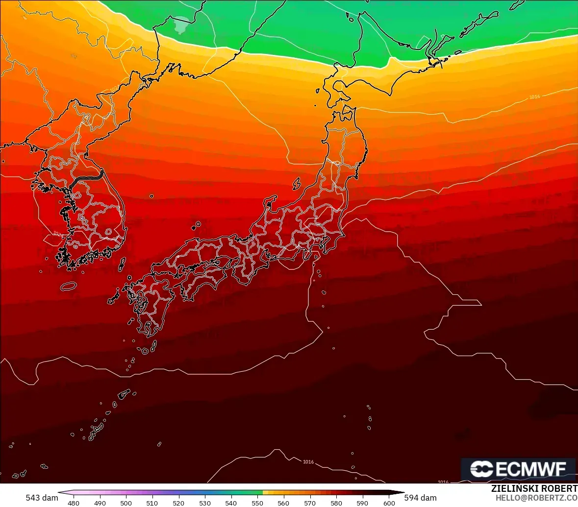 ECMWF IFS 0.25° model - Japan, Geopotential height at 500hPa