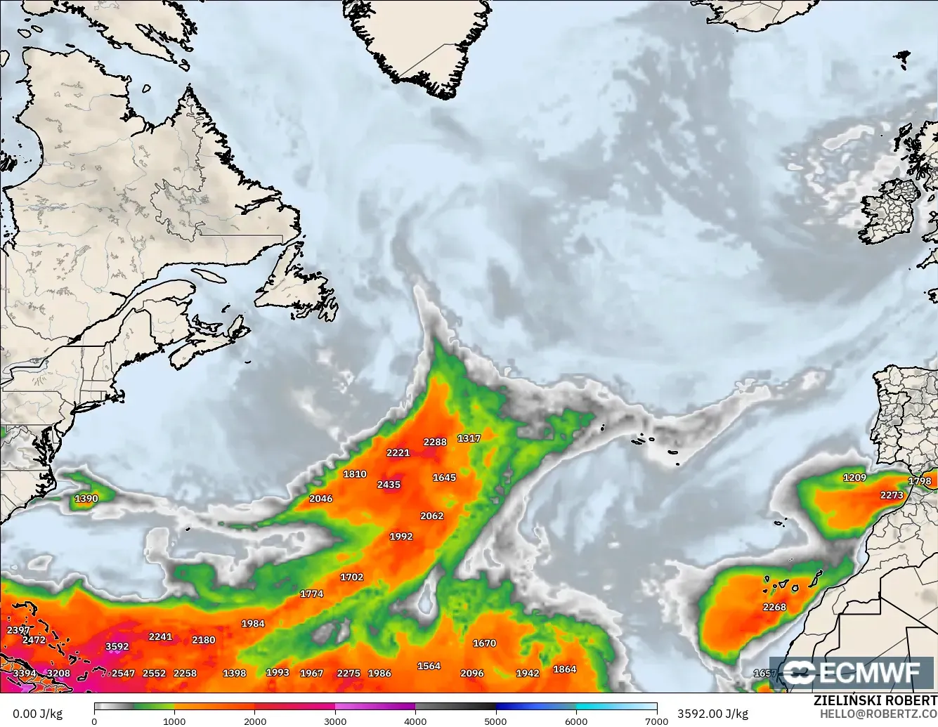 ECMWF IFS 0.25° model - North Atlantic, CAPE