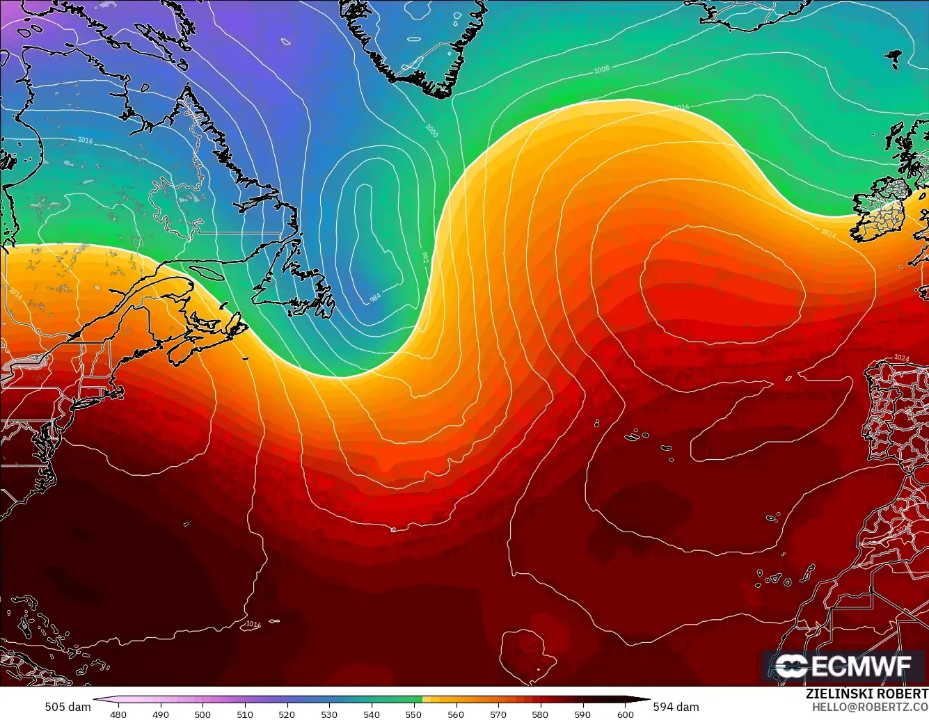 ECMWF IFS 0.25° model - North Atlantic, Geopotential height at 500hPa