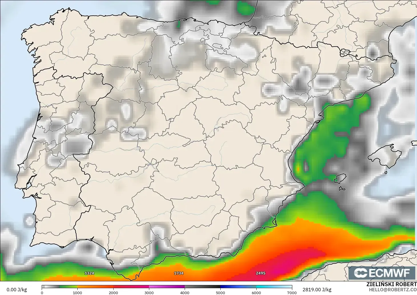 ECMWF IFS 0.25° model - Spain, CAPE