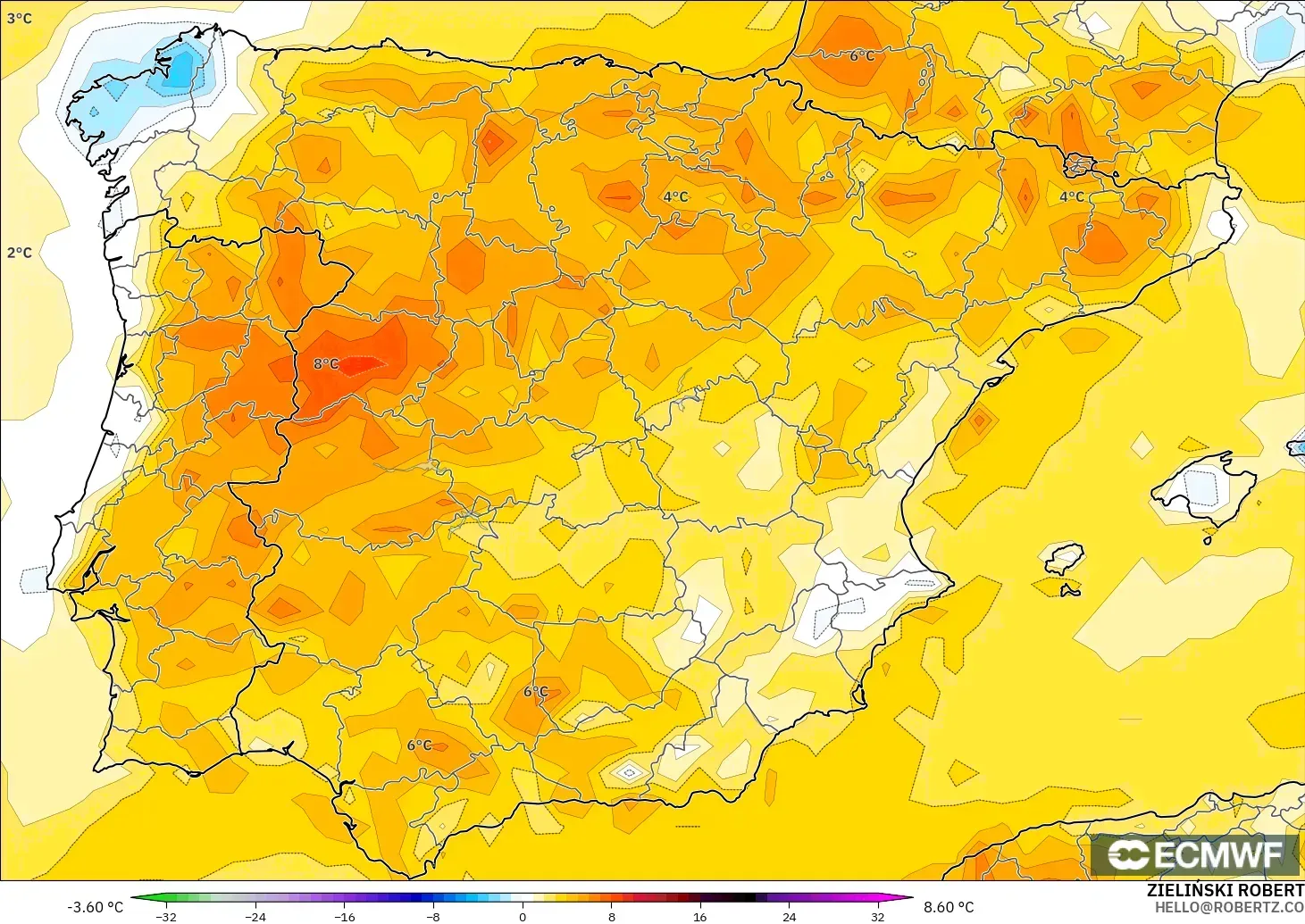 ECMWF IFS 0.25° model - Spain, Temperature at 2m Anomaly