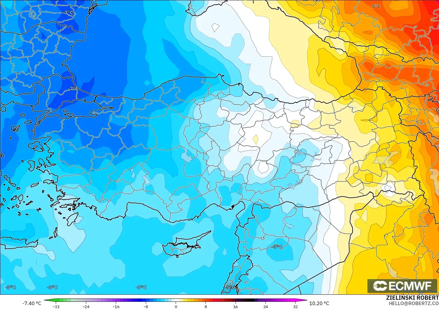 ECMWF IFS 0.25° model - Turkey, Temperature at 850hPa Anomaly