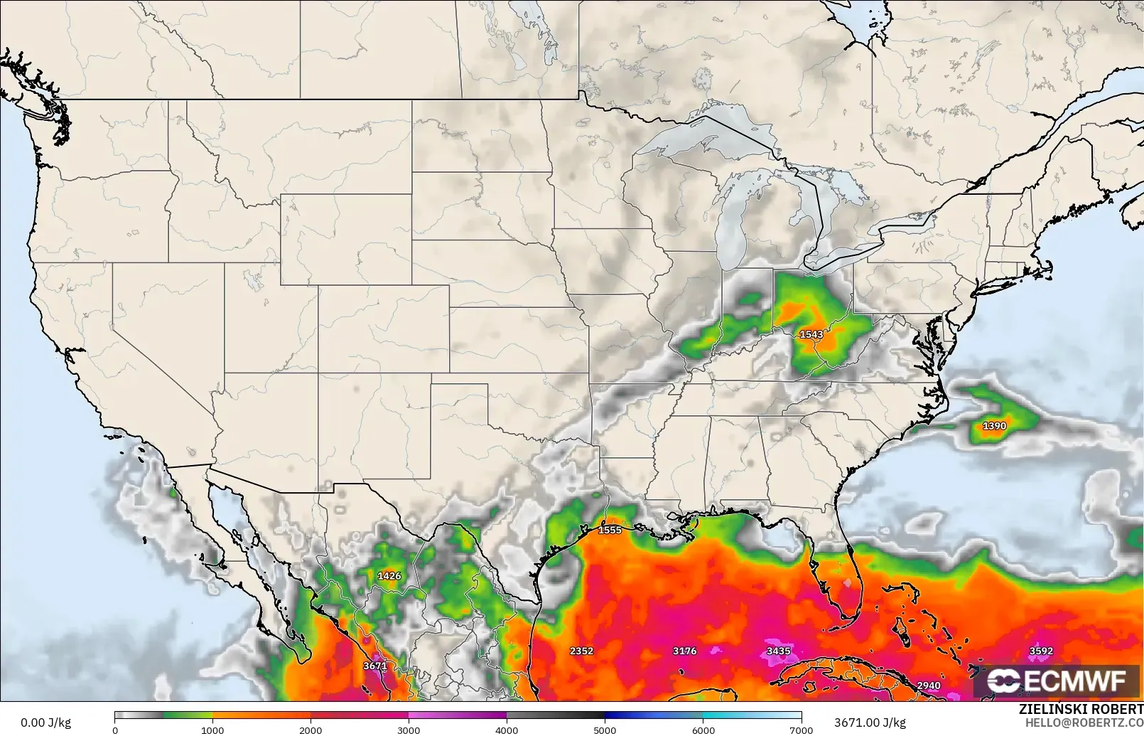 ECMWF IFS 0.25° model - United States, CAPE