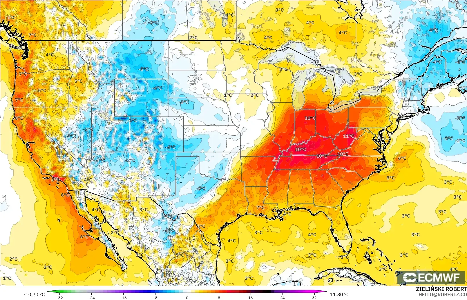 ECMWF IFS 0.25° model - United States, Temperature at 2m Anomaly