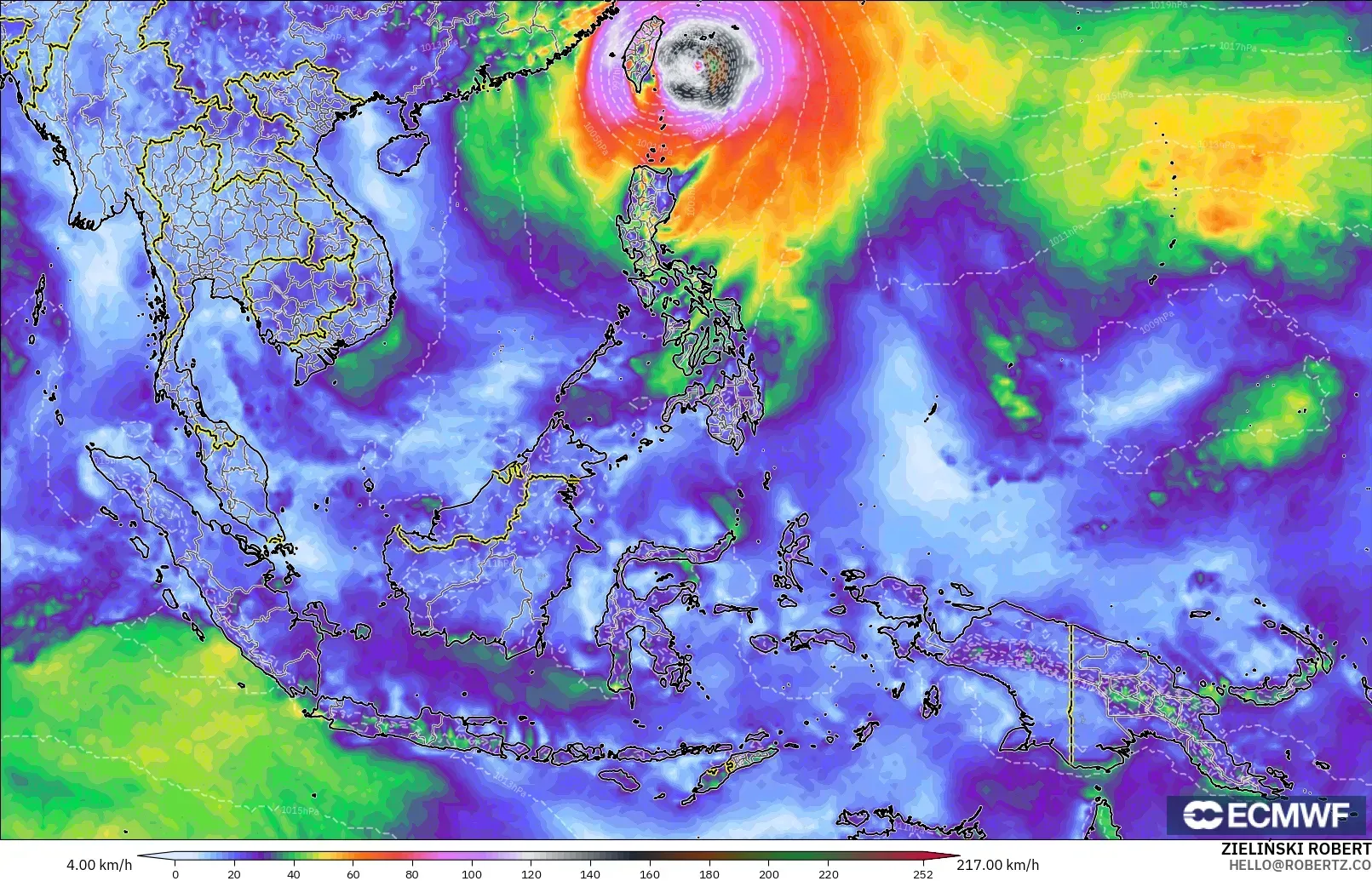 ECMWF IFS 0.25° model - South East Asia, Wind Gusts Peak
