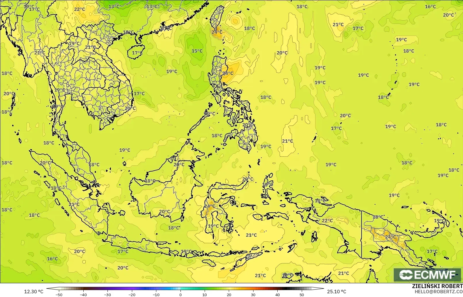 ECMWF IFS 0.25° model - South East Asia, Temperature at 850hPa