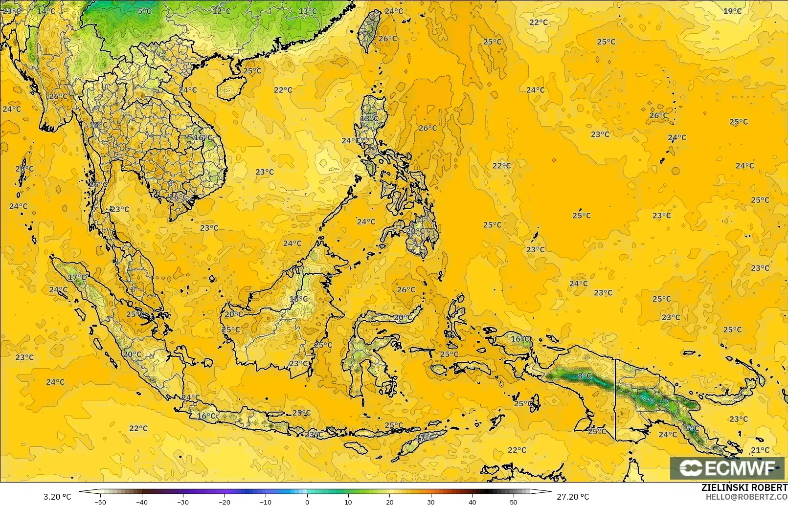 ECMWF IFS 0.25° model - South East Asia, Dewpoint at 2m