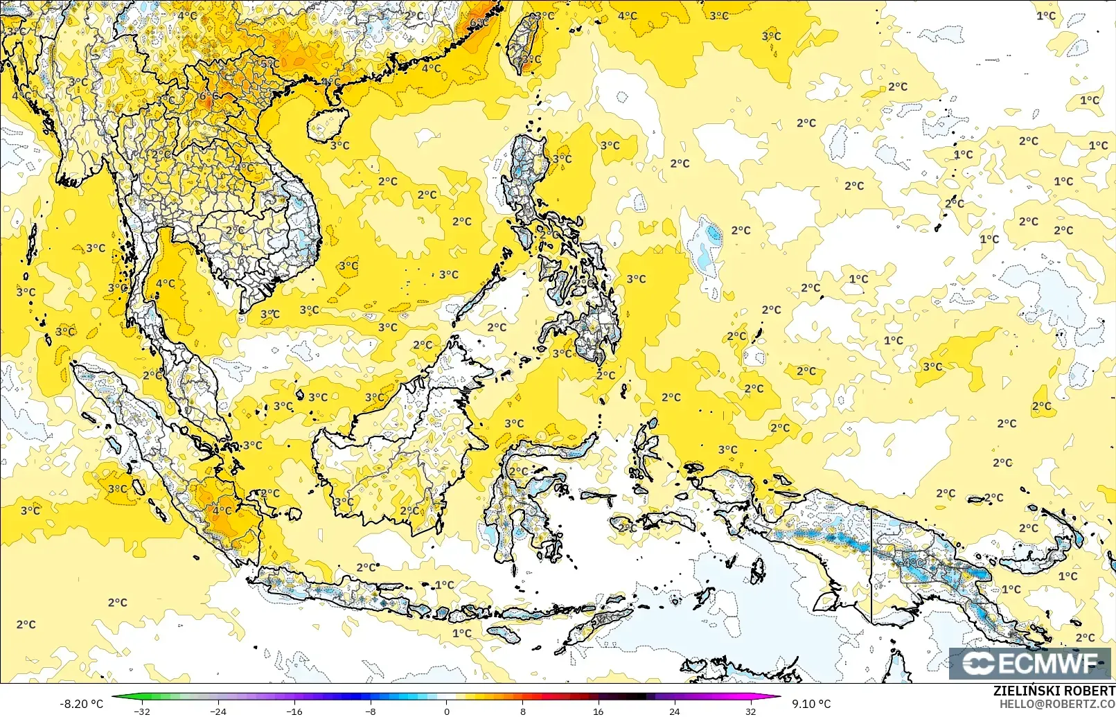 ECMWF IFS 0.25° model - South East Asia, Temperature at 2m Anomaly