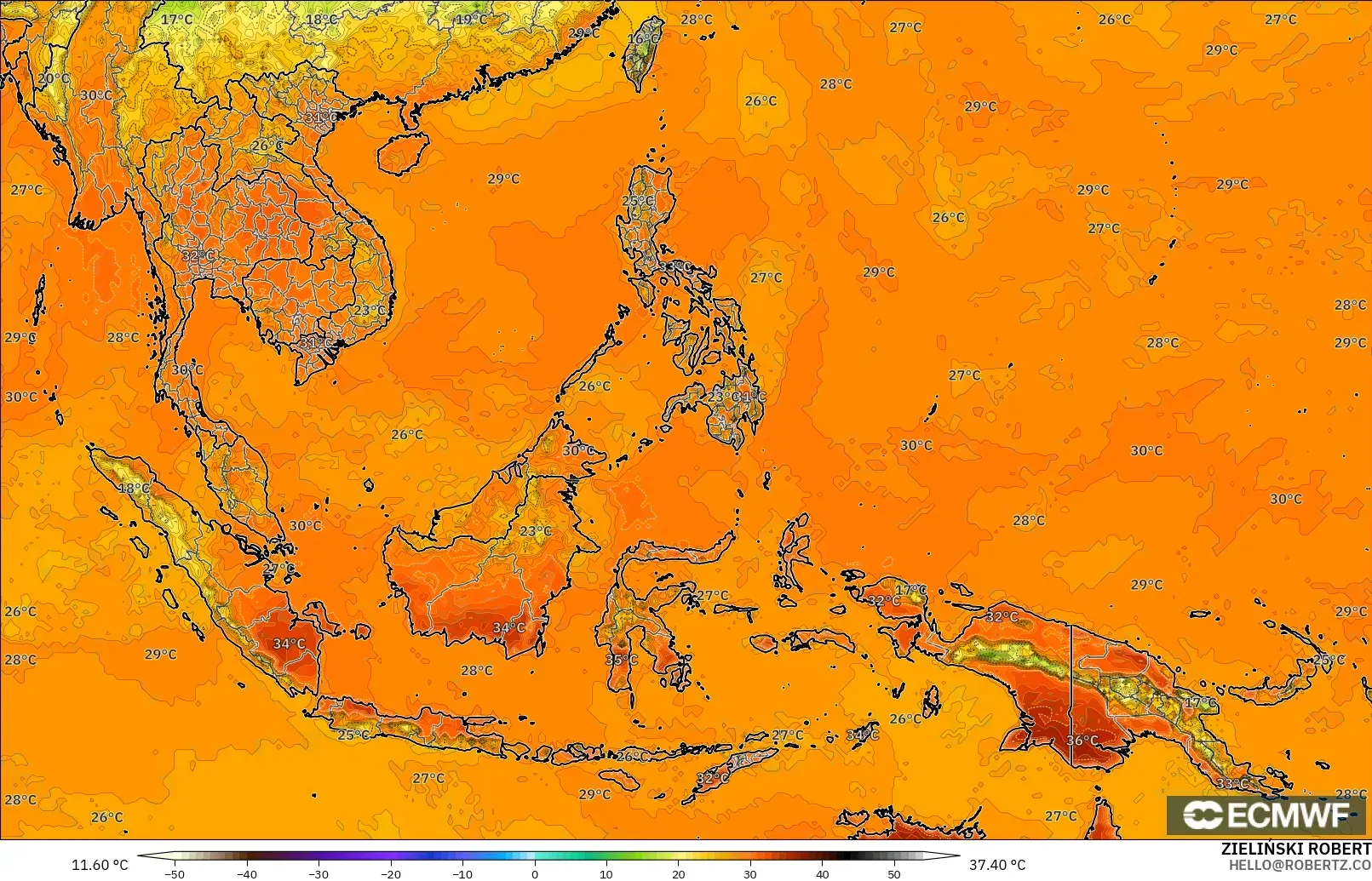 ECMWF IFS 0.25° model - South East Asia, Temperature at 2m
