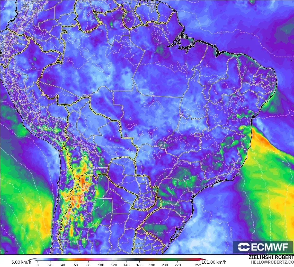 ECMWF IFS 0.25° model - Brazil, Wind Gusts Peak