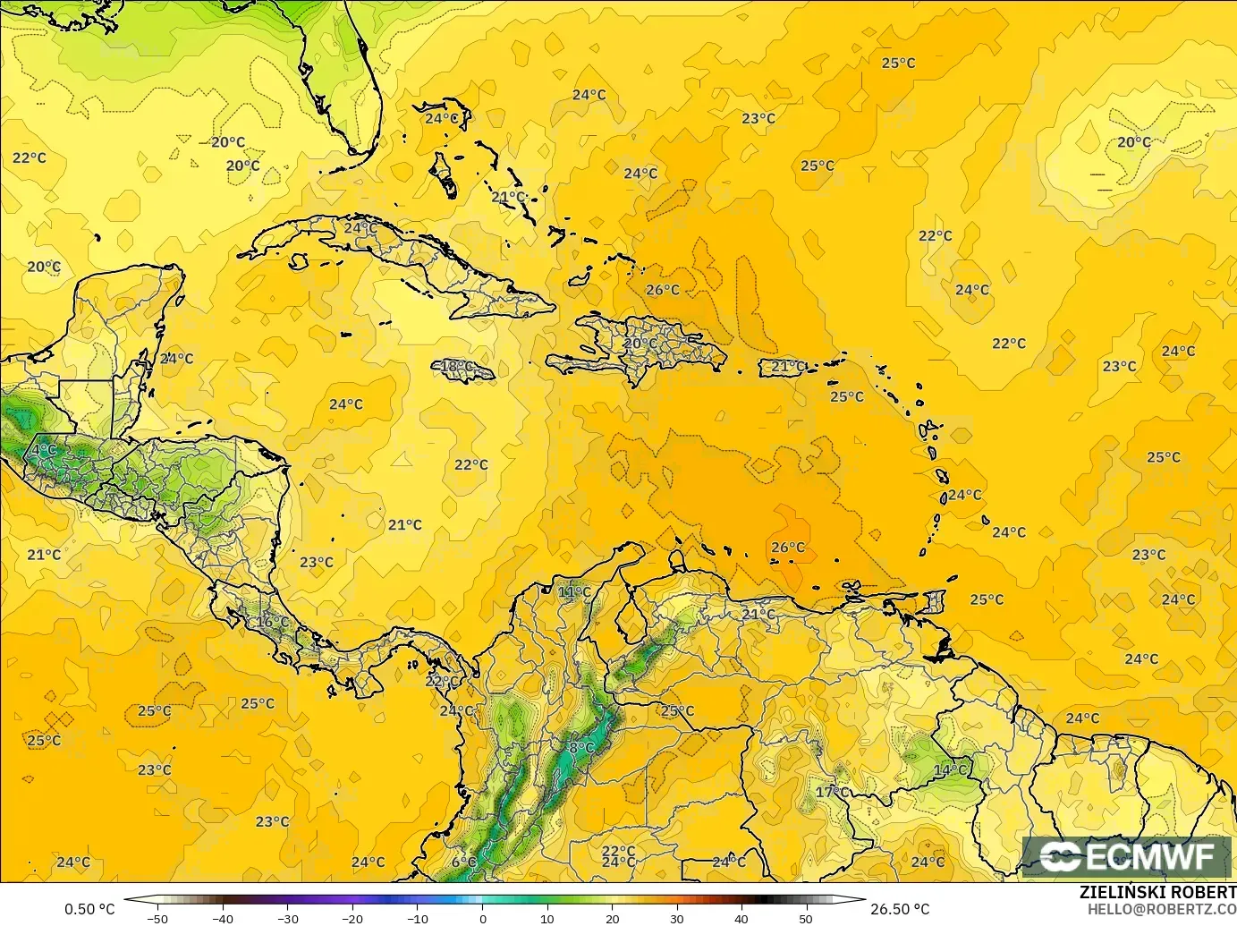 ECMWF IFS 0.25° model - Caribbean, Dewpoint at 2m
