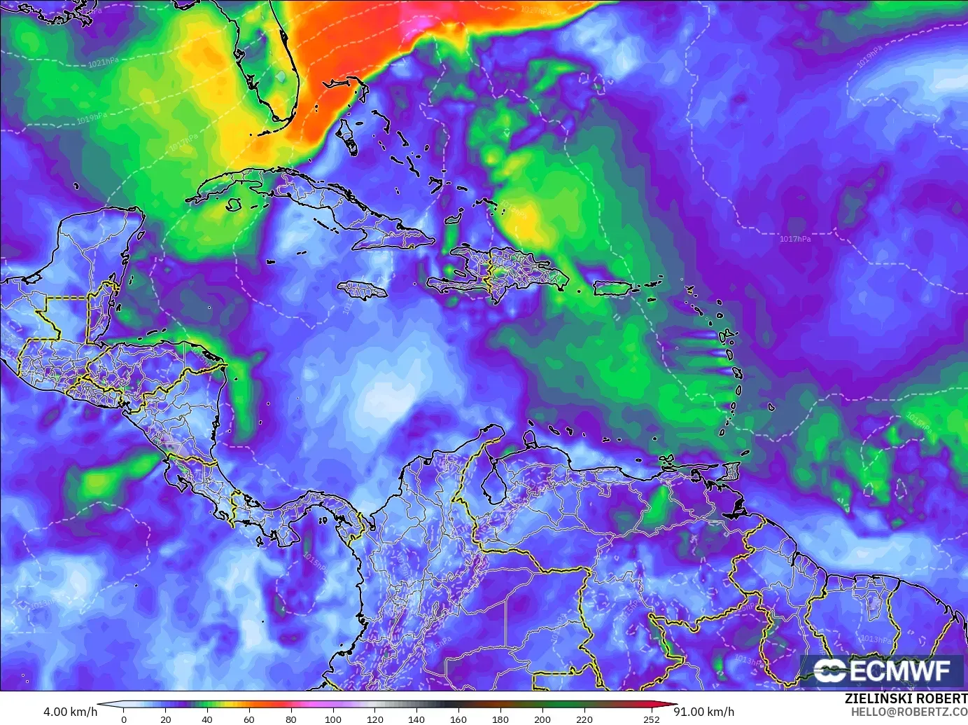 ECMWF IFS 0.25° model - Caribbean, Wind Gusts Peak