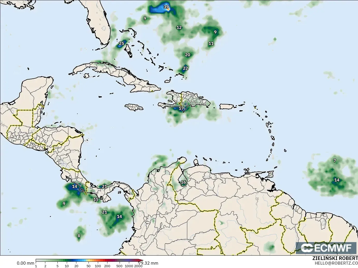 ECMWF IFS 0.25° model - Caribbean, Precipitation Accumulation
