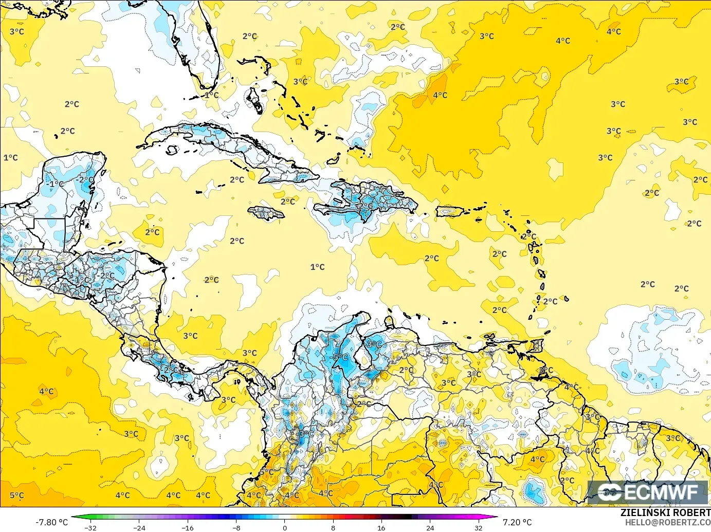 ECMWF IFS 0.25° model - Caribbean, Temperature at 2m Anomaly