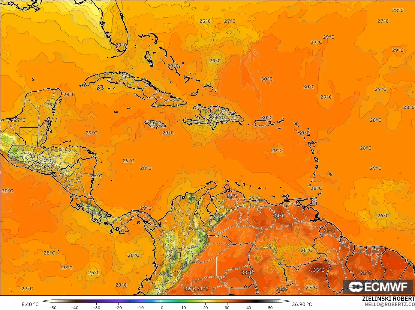 ECMWF IFS 0.25° model - Caribbean, Temperature at 2m