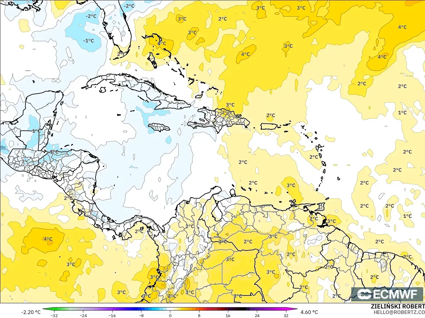 ECMWF IFS 0.25° model - Caribbean, Temperature at 850hPa Anomaly