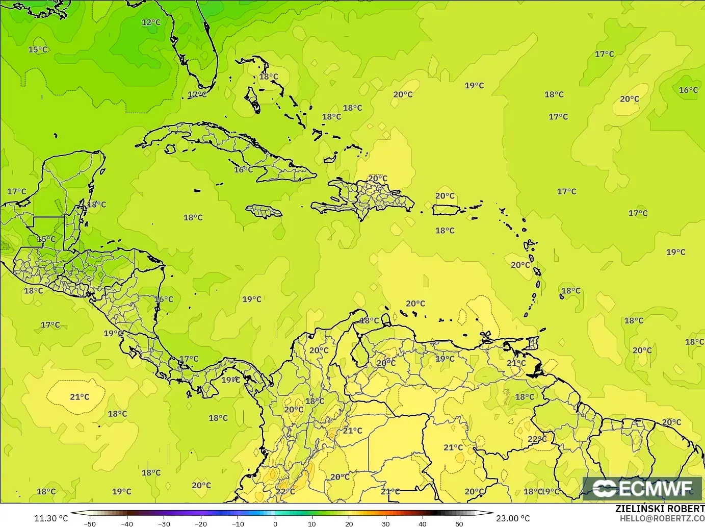 ECMWF IFS 0.25° model - Caribbean, Temperature at 850hPa