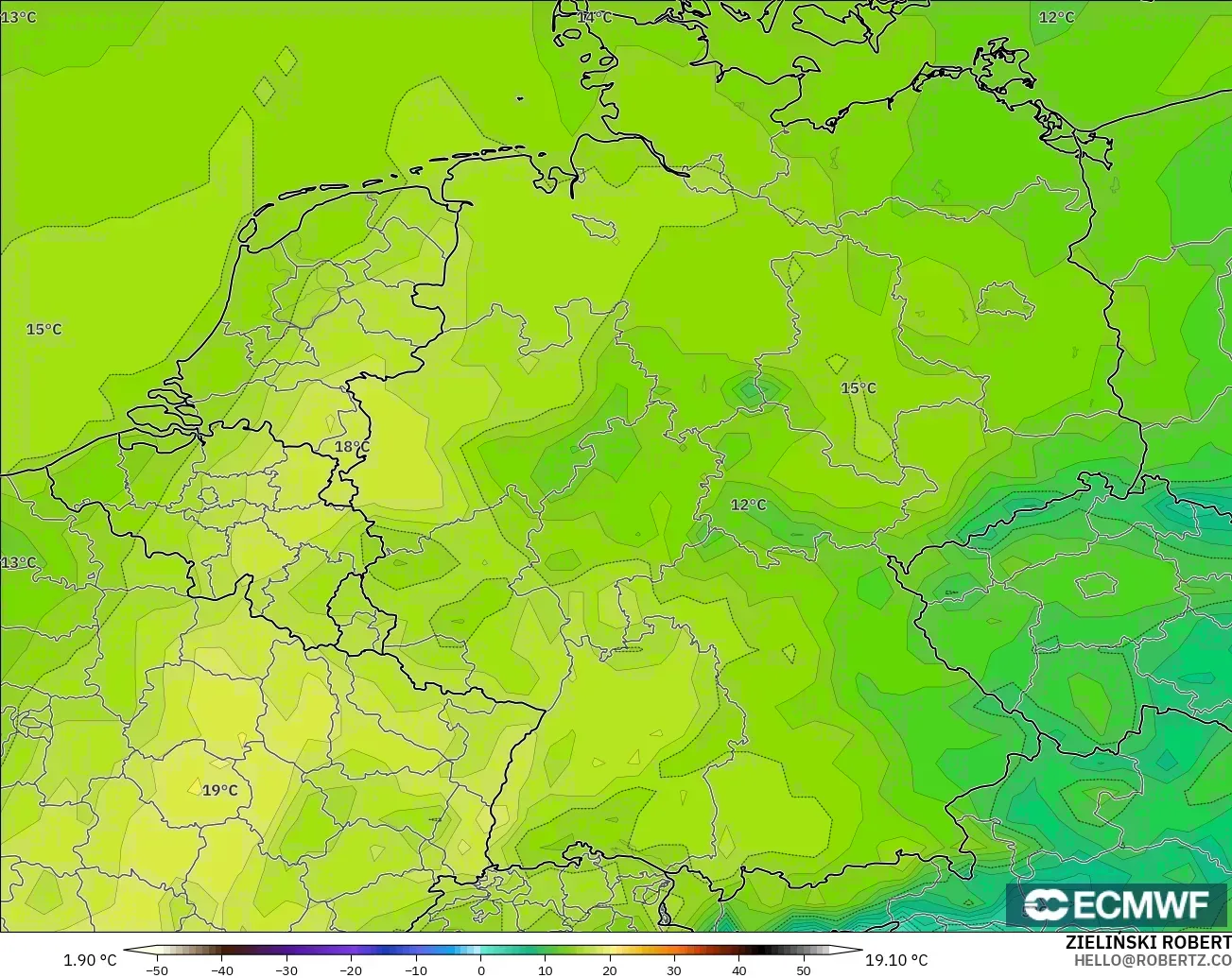 ECMWF IFS 0.25° model - Germany, Temperature at 2m