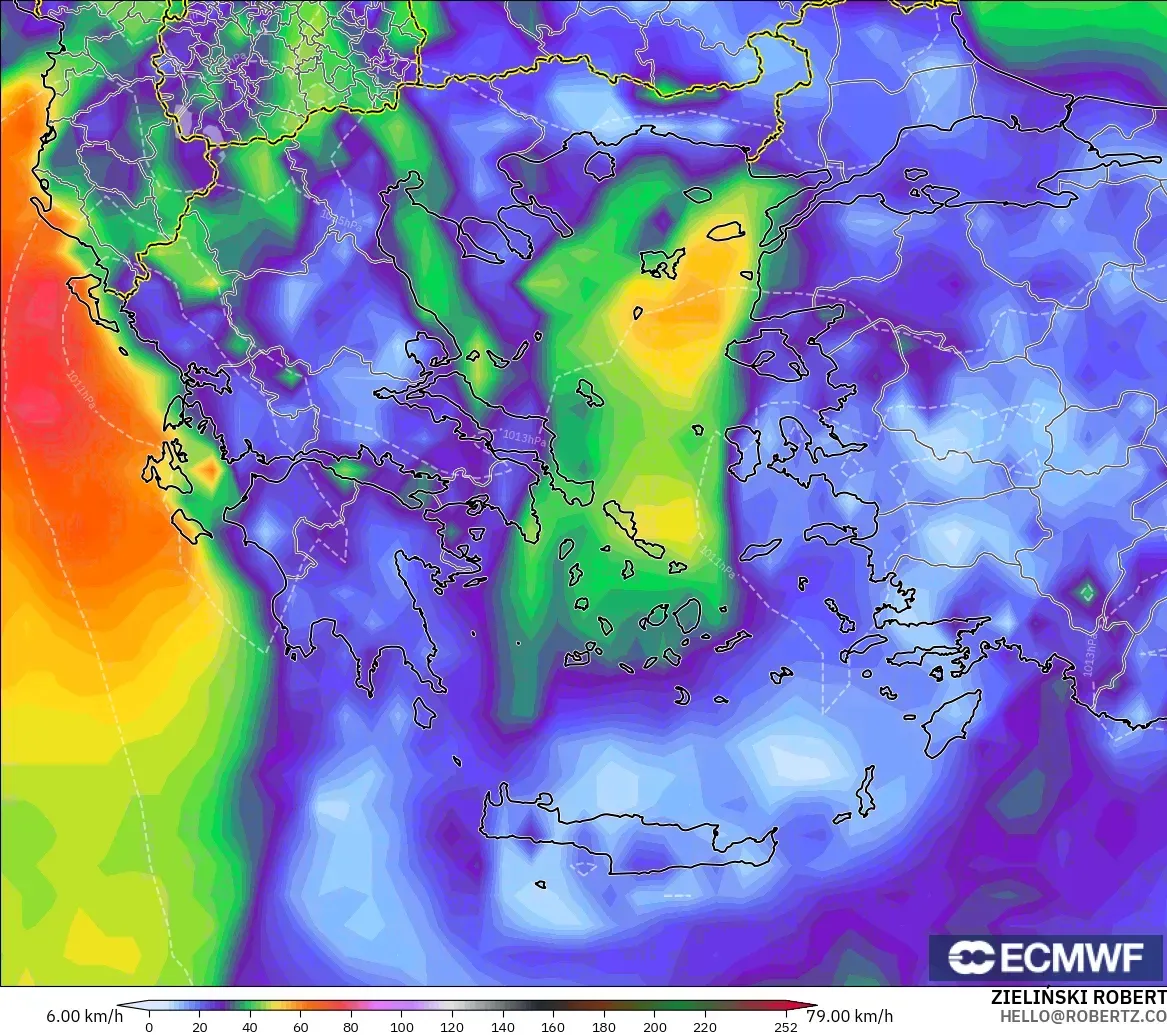 ECMWF IFS 0.25° model - Greece, Wind Gusts