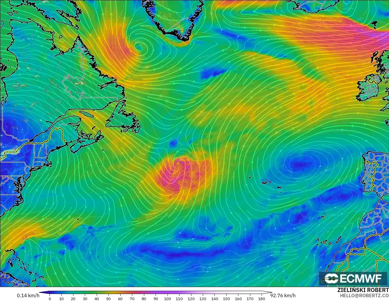 ECMWF IFS 0.25° model - North Atlantic, Wind at 10m