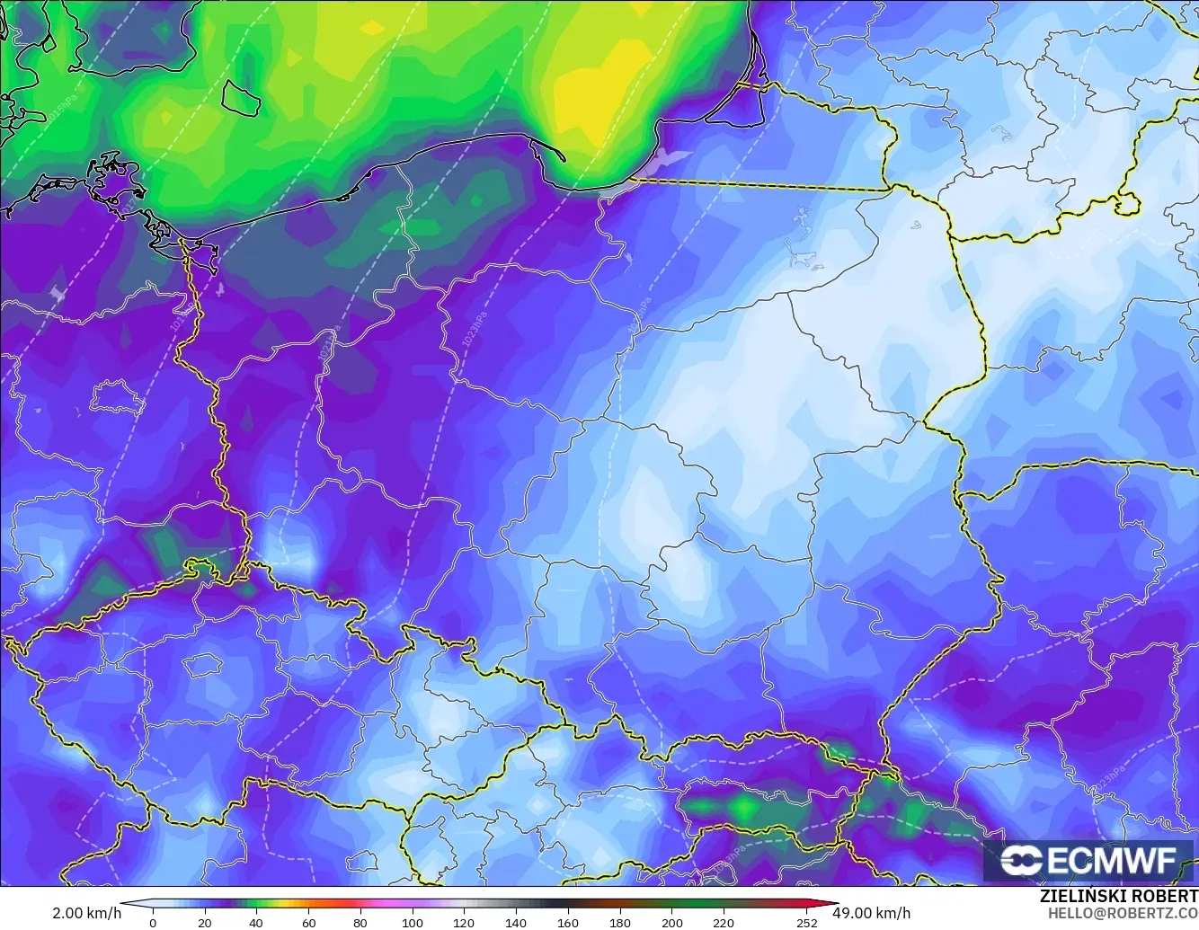ECMWF IFS 0.25° model - Poland, Wind Gusts Peak