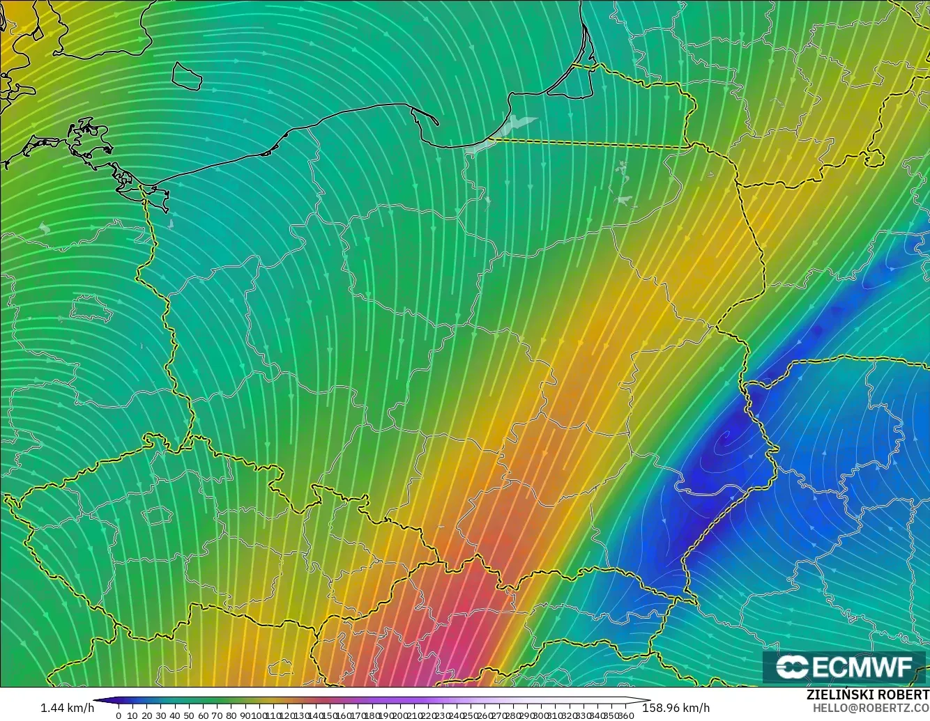 ECMWF IFS 0.25° model - Poland, Wind at 300hPa (jet stream)