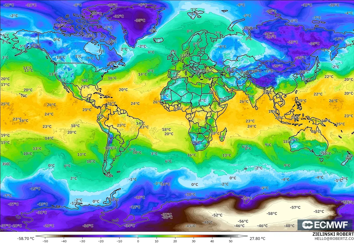 ECMWF IFS 0.25° model - World, Dewpoint at 2m