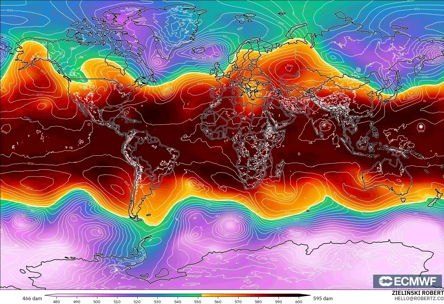 ECMWF IFS 0.25° model - World, Geopotential height at 500hPa