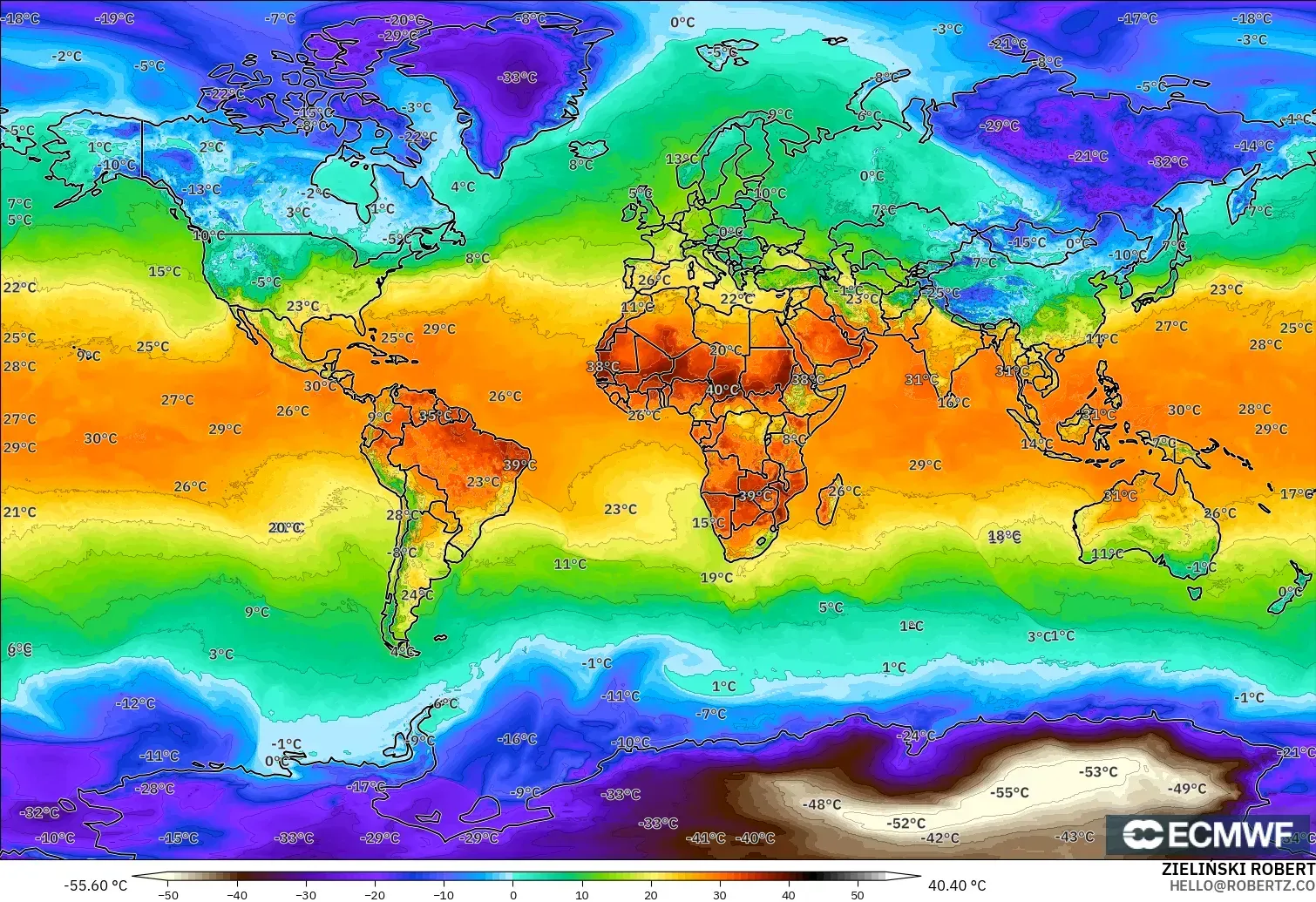ECMWF IFS 0.25° model - World, Temperature at 2m