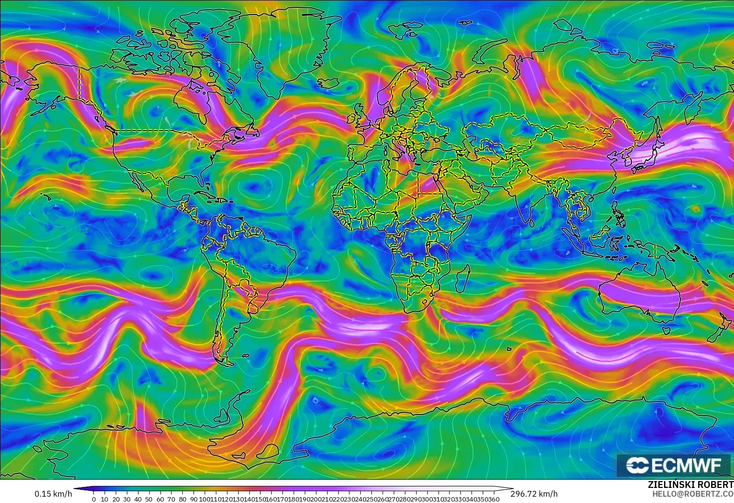 ECMWF IFS 0.25° model - World, Wind at 300hPa (jet stream)