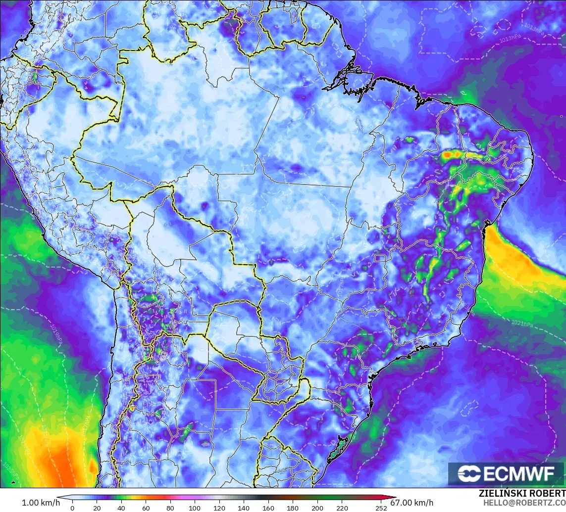 ECMWF IFS 0.25° model - Brazil, Wind Gusts Peak