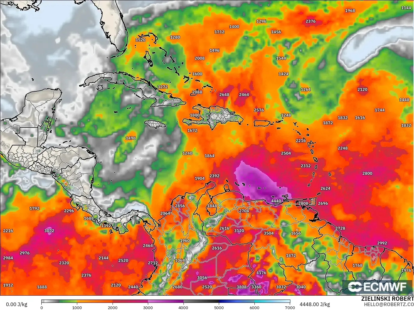 ECMWF IFS 0.25° model - Caribbean, CAPE