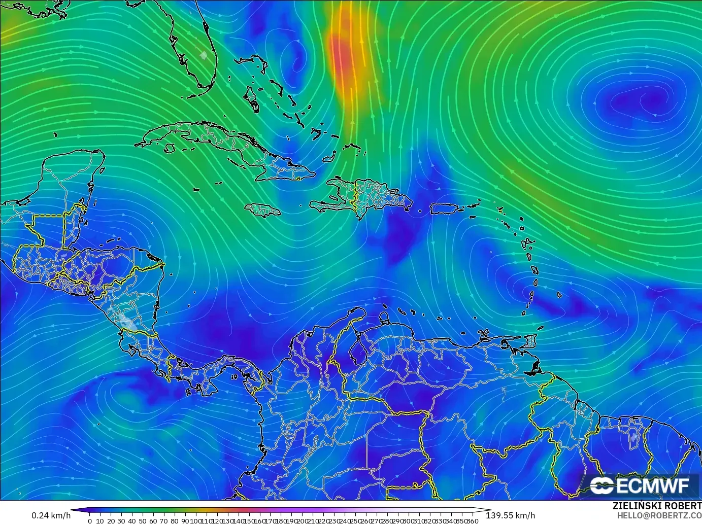 ECMWF IFS 0.25° model - Caribbean, Wind at 300hPa (jet stream)